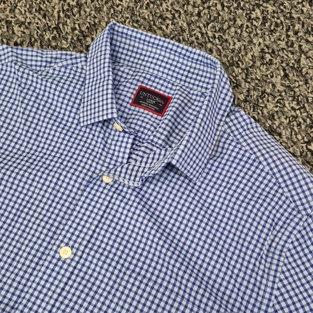 UNTUCKit Mens Large Slim Blue Button Up Short Sleeve Gingham Stretch Cagliari‎